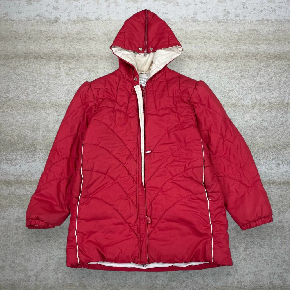 True Vintage 70s Sears Puffer Jacket Womens L Red Insulated White Full Zip